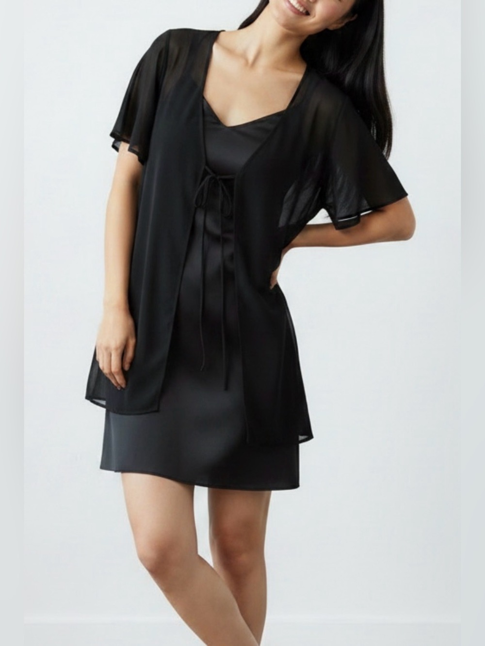 NWT Vtg Donna Karan Intimates 100% Silk Sheer Gown Slip Black P/XS Coquette Goth